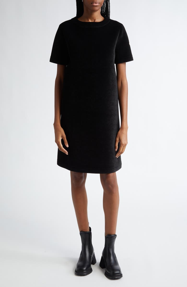Moncler Short Sleeve Velvet Shift Dress, Main, color, 