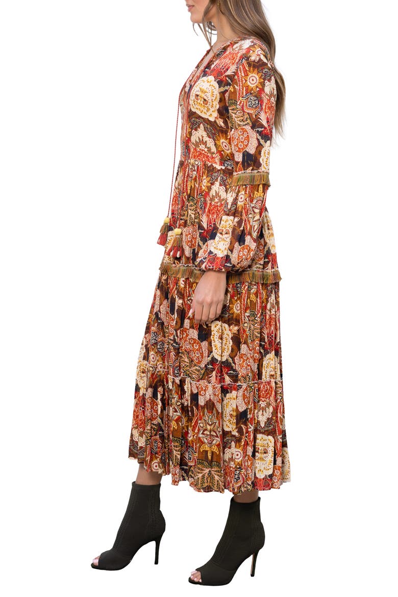 Floral Print Fringe Trim Long Sleeve Maxi Dress, Alternate, color, PUMPKIN