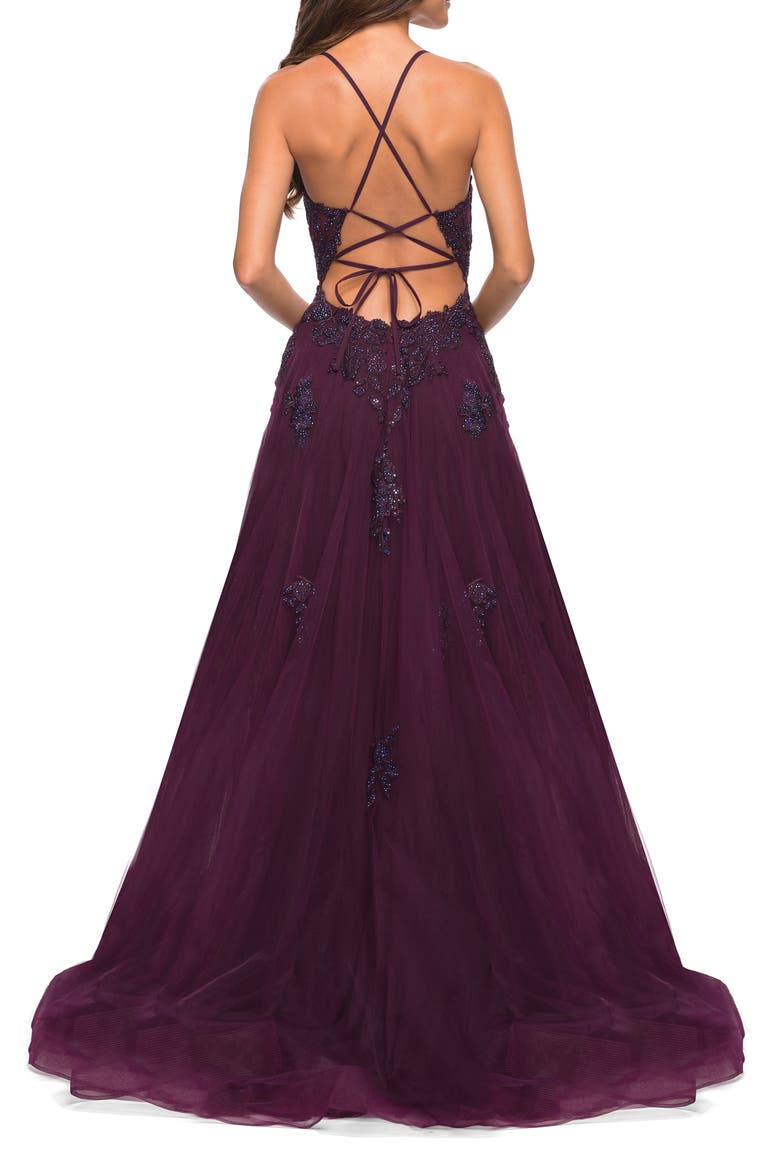 Tulle A-line Dress with Jeweled Lace Appliques, Alternate, color, DARK BERRY
