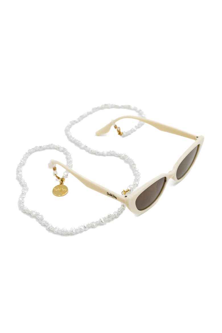 Sunny Daze Cat Eye Sunglasses and Pearl Shell Chain Set - White Cat Eye with Freshwater Pearl Chain, 1.75x5.75 Inch Sunglasses with 31.5 Inch Chain, Alternate, color, White