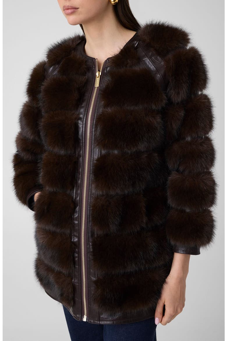 Arielle Faux Fur & Croc Embossed Faux Leather Coat, Main, color, A10K-DARK