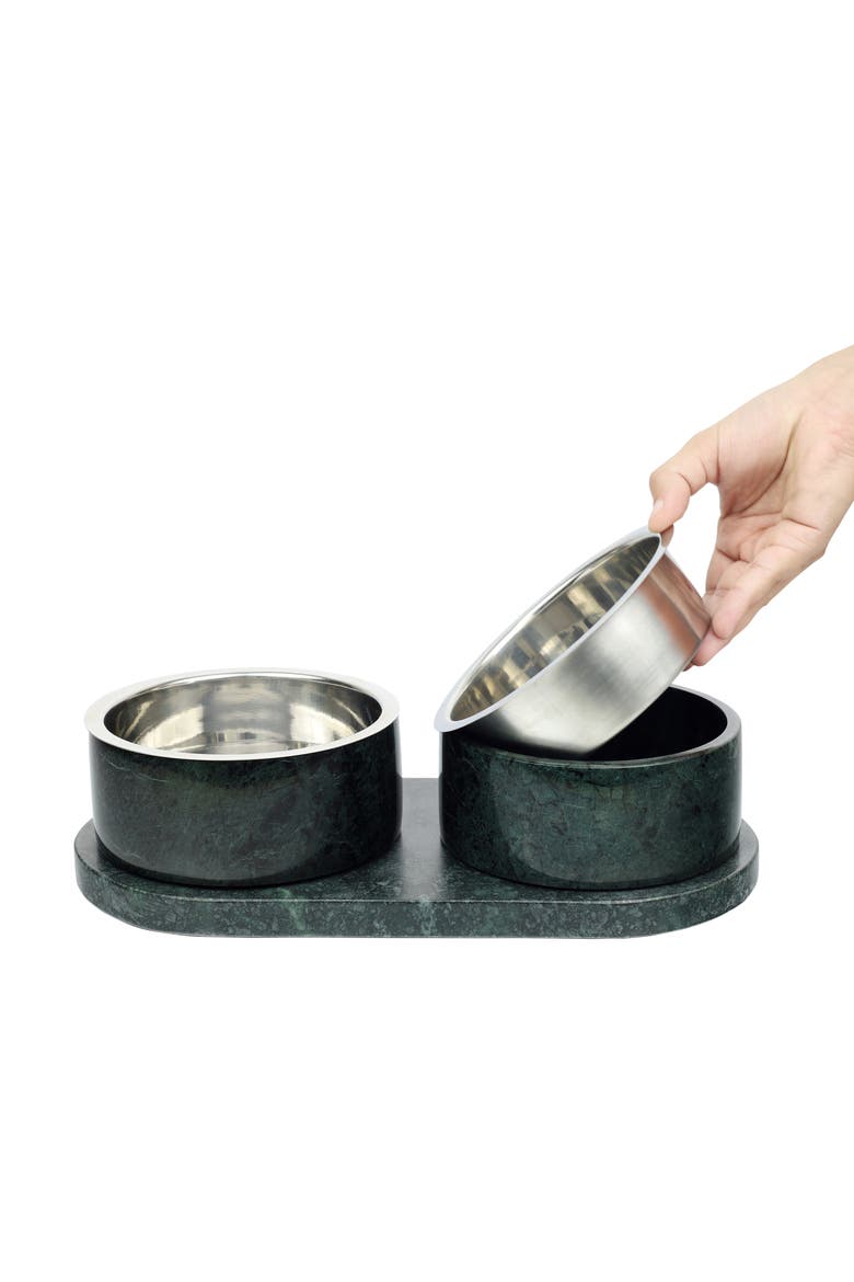 Marbre Modern Weighted Double Marble and Stainless Steel Bowl Feeder with Non-Slip Marble Tray Set, Alternate, color, Green