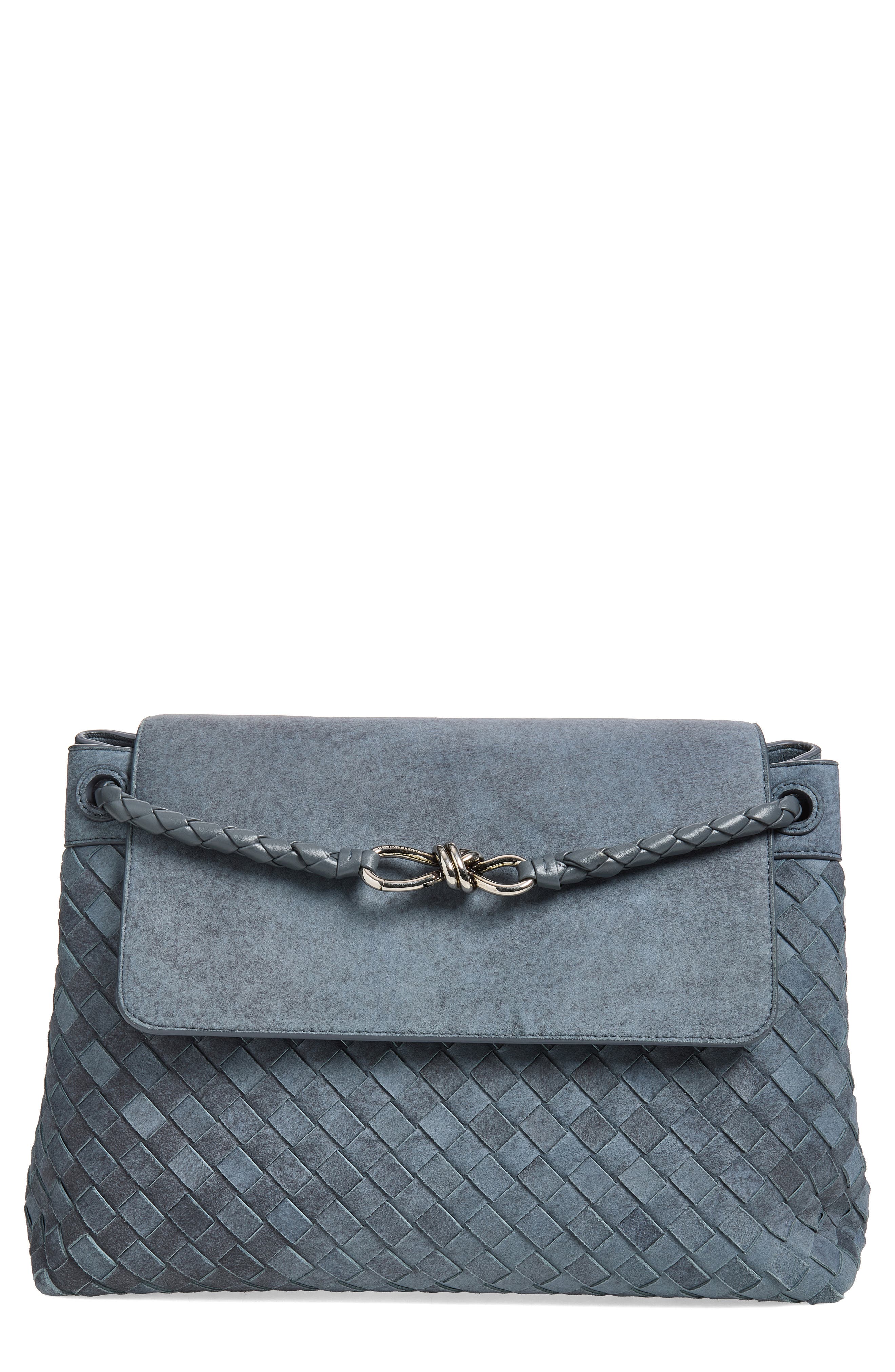 Bottega Veneta Andiamo Intrecciato Suede Messenger Bag, Main, color, Cloudy Indigo
