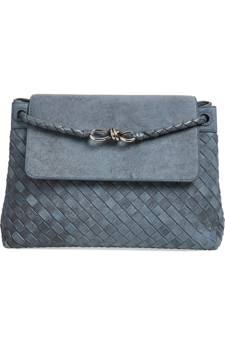 Bottega Veneta Andiamo Intrecciato Suede Messenger Bag, Main, color, Cloudy Indigo