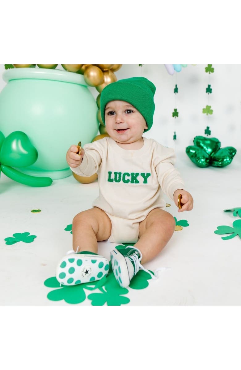 Sweet Wink Lucky Varsity Patch St. Patrick's Day Long Sleeve Romper, Alternate, color,