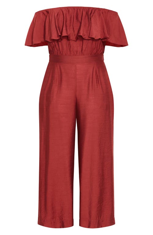 City Chic Serene Ruffle Off The Shoulder Jumpsuit In Brown