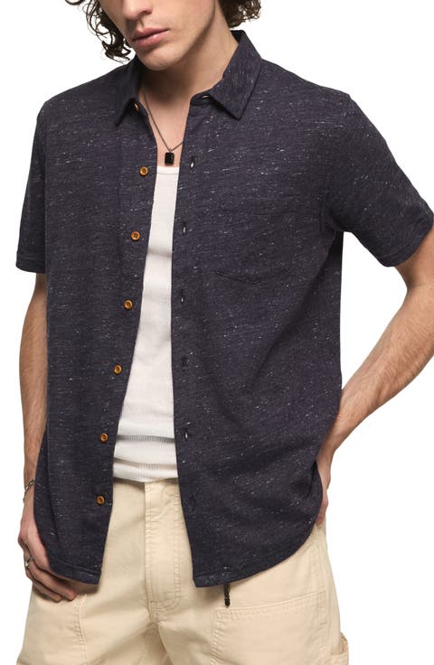 Slub Knit Short Sleeve Cotton Blend Button-Up Shirt