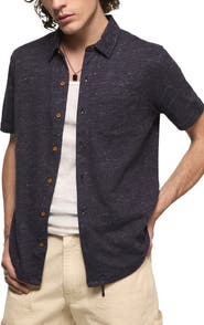 Lucky Brand Slub Knit Short Sleeve Cotton Blend Button-Up Shirt