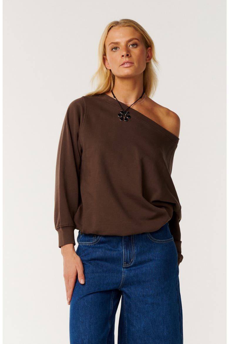 Paraiso Off Shoulder Sweatshirt, Alternate, color, BROWN