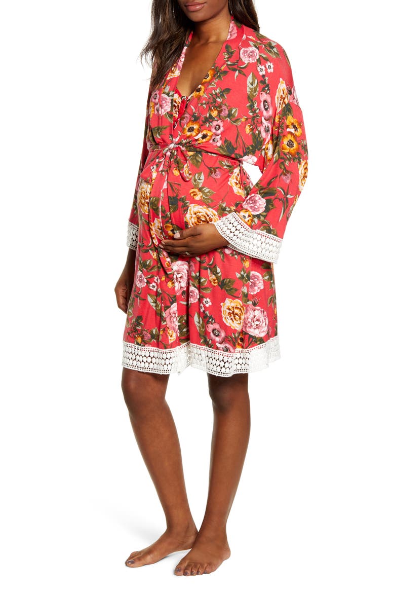 Nursing/Maternity Nightgown, Robe & Baby Wrap, Main, color, RED FLORAL PRINT