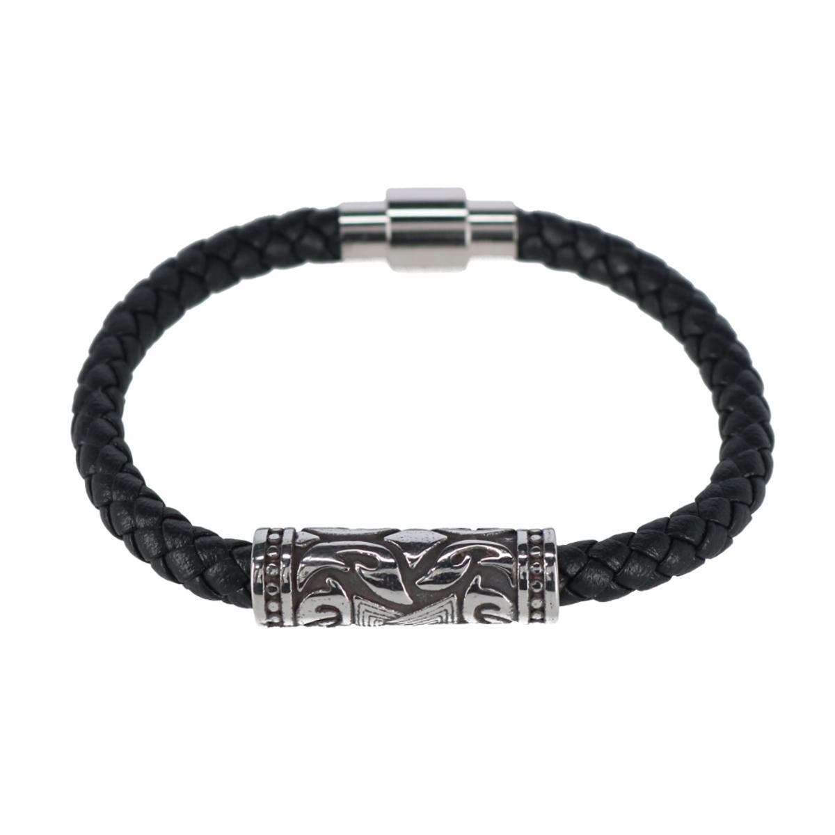 Trafalgar Loose Fit Silver Filigree Pattern on Black Leather Bracelet ...