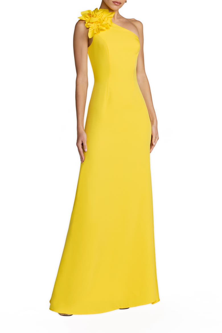 One Shoulder Crepe Column Gown With Floral Detail, Main, color, Sunshine