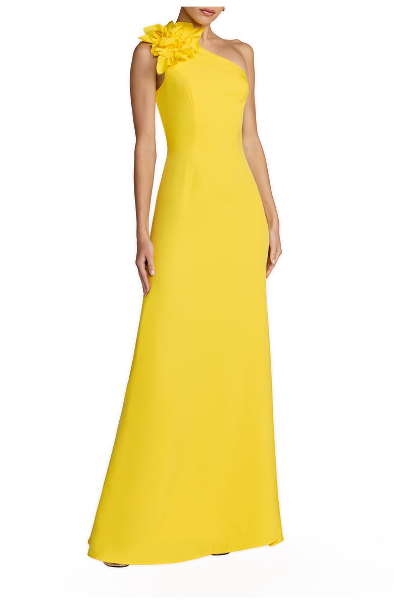 Mac Duggal One Shoulder Crepe Column Gown With Floral Detail, Main, color, Sunshine