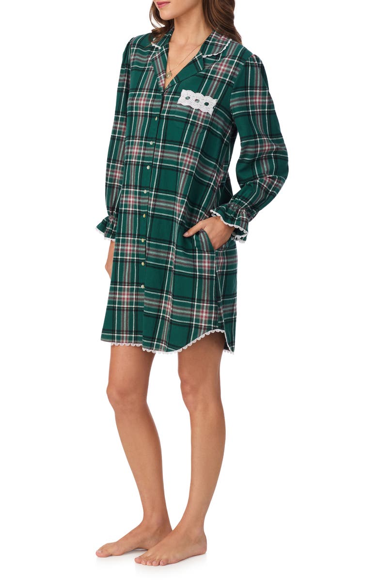 Eileen West Plaid Flannel Nightshirt, Alternate, color, Green Plaid