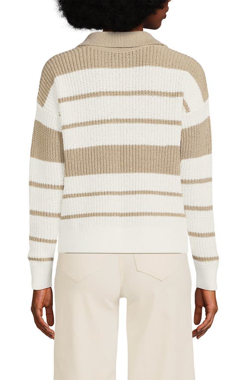 Lands' End Cotton Boucle Johnny Collar Textured Sweater In Ivory/champagne Stripe