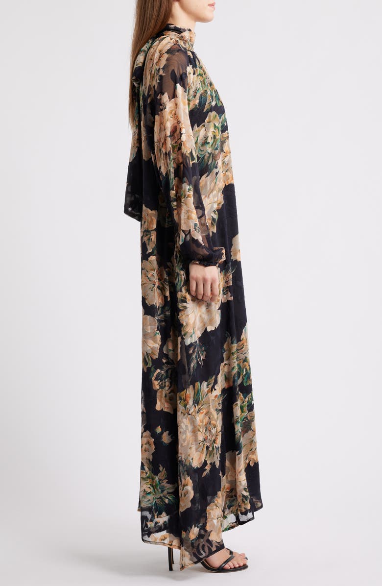 MELLODAY Botanical Tie-Neck Maxi Dress, Alternate, color, Black Peach Floral