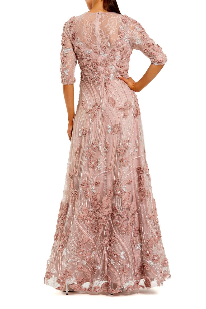 Petite High Neck Embellished Lace Gown with 3/4 Sleeves, Alternate, color, Mocha