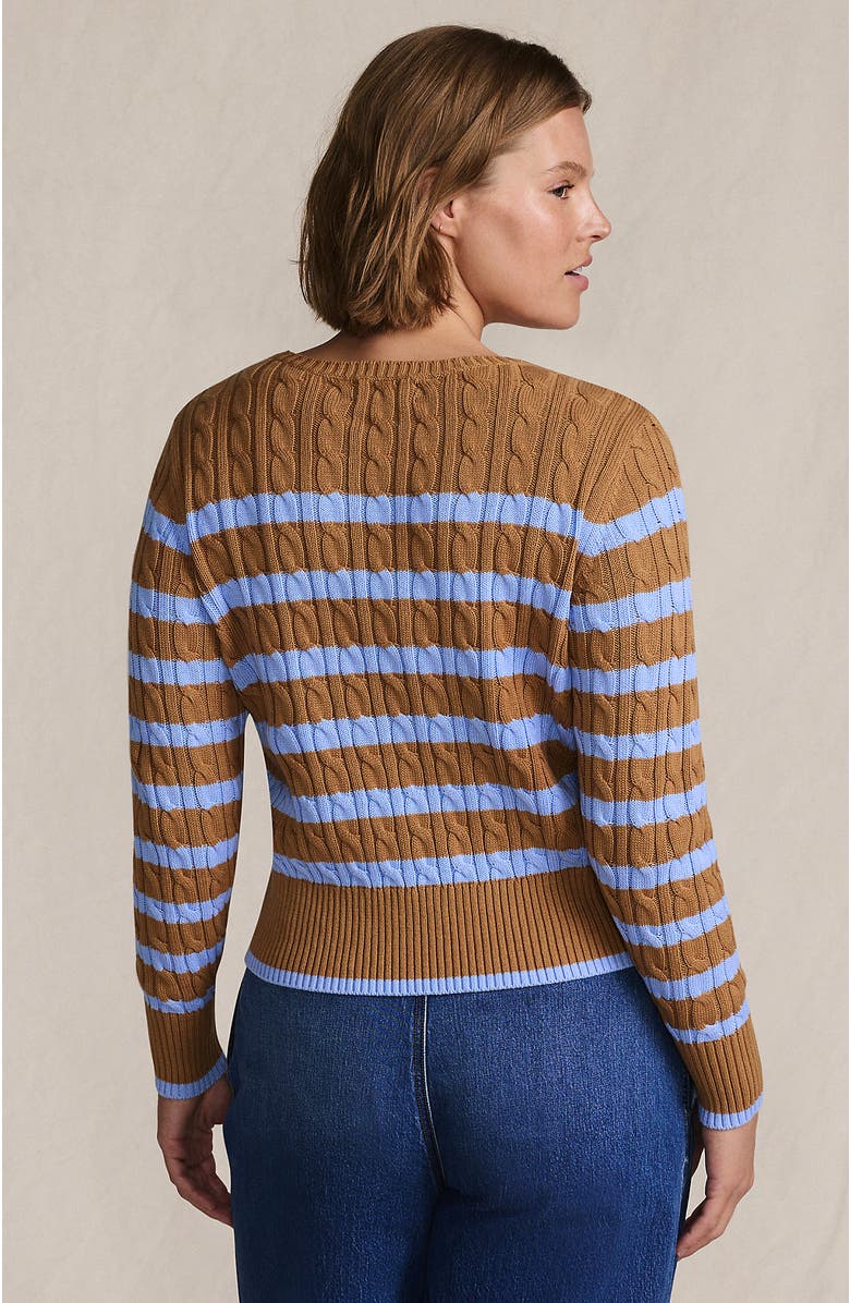 Lands' End Drifter Modern Cable Crew Sweater, Alternate, color, Canyon Camel/Blue Stripe