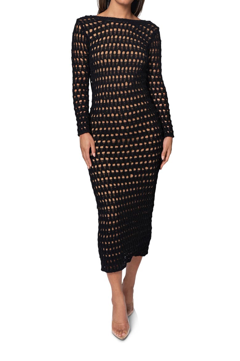Serene Wonders Open Stitch Long Sleeve Dress, Main, color, BLACK