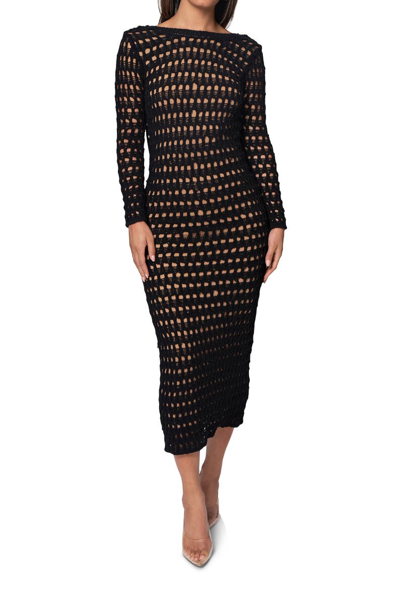 JLUXLABEL Serene Wonders Open Stitch Long Sleeve Dress, Main, color, Black