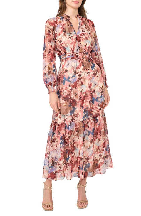 Floral Long Sleeve Tiered Chiffon Maxi Dress