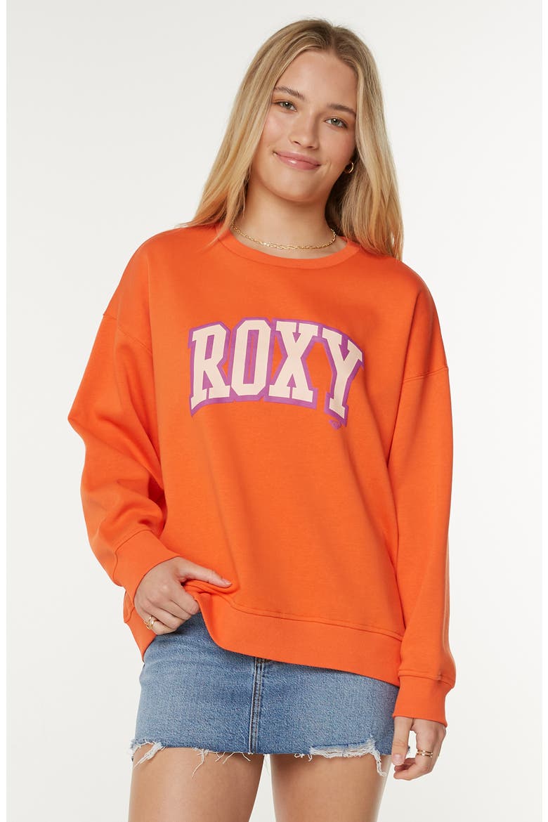 Morning Hike Oversize Fleece Logo Graphic Sweatshirt, Alternate, color, TIGERLILY ROXY COLLEGE
