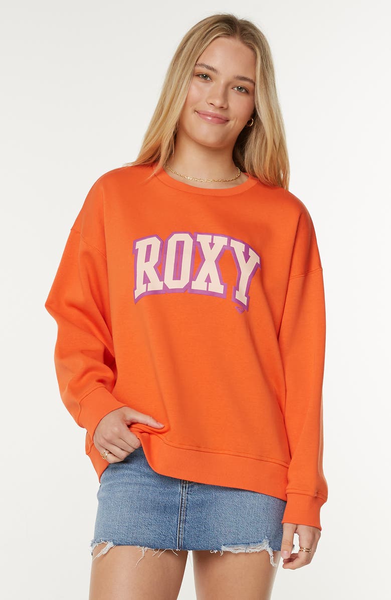 Roxy Morning Hike Oversize Fleece Logo Graphic Sweatshirt, Alternate, color, Tigerlily Roxy College