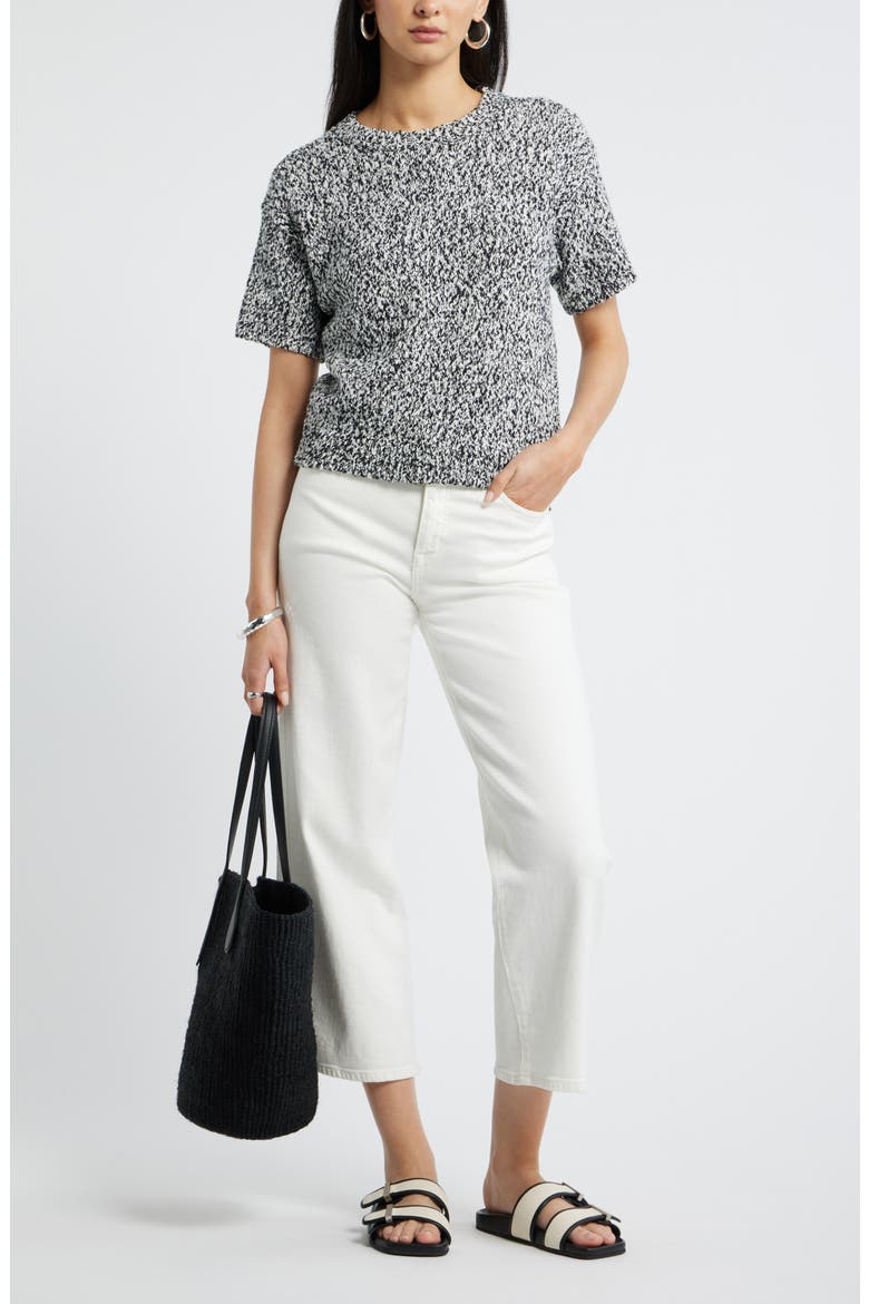 Marled Knit Short Sleeve Sweater, Alternate, color, BLACK-IVORY MARL