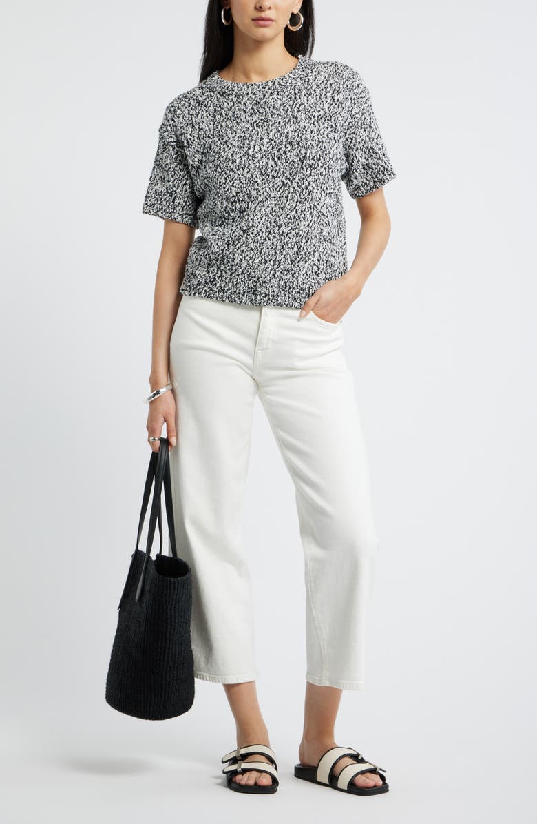 Nordstrom Marled Knit Short Sleeve Sweater, Alternate, color, Black-Ivory Marl