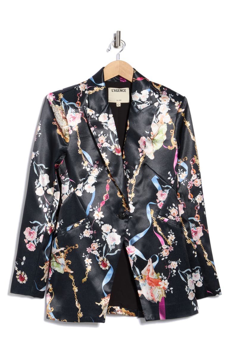 L'AGENCE Sheila Structured Satin Blazer, Alternate, color, Black Multi Rococo Angel
