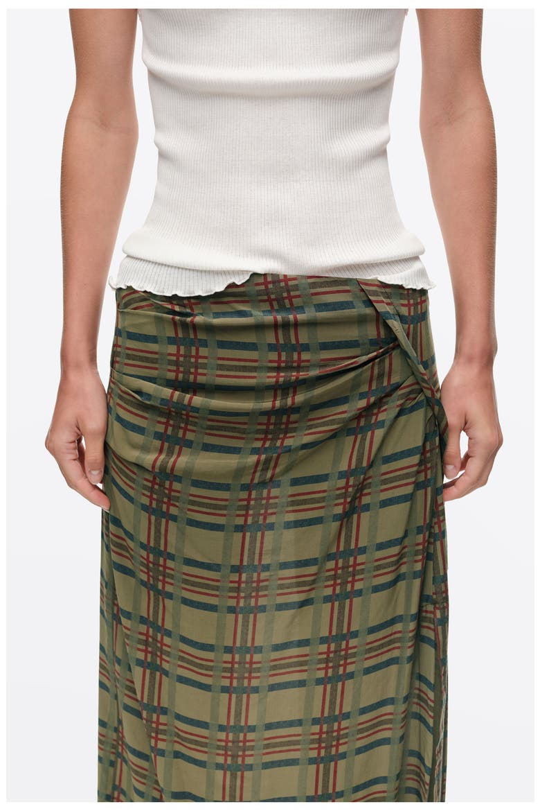 Checked Gathered Fluid Midi Skirt, Alternate, color, KHAKI