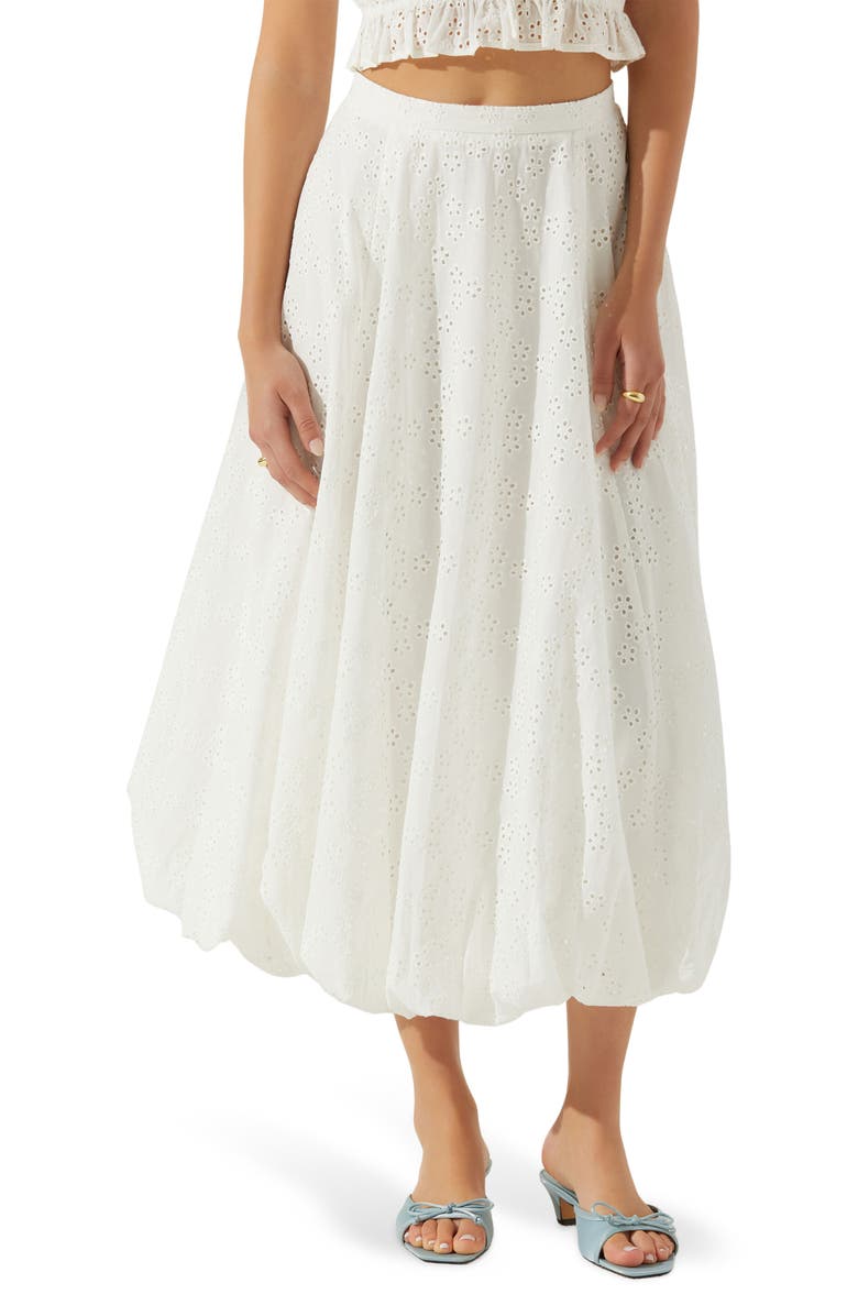 ASTR the Label Kissel Embroidered Eyelet Bubble Hem Cotton Midi Skirt, Main, color, White