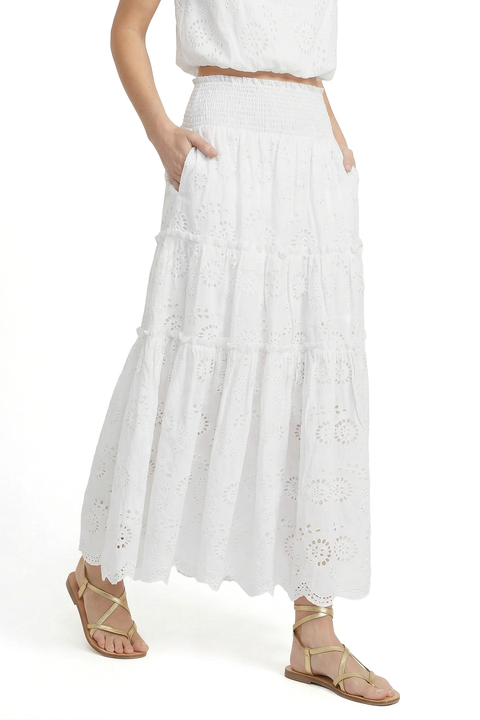 Charlie Eyelet Embroidered Smock Waist Slit Skirt