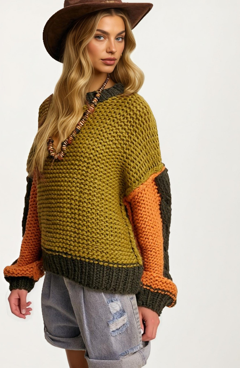 Knit and Lounge Chunky Knit Pullover Sweater, Alternate, color, Olive / Orange / Dark Green