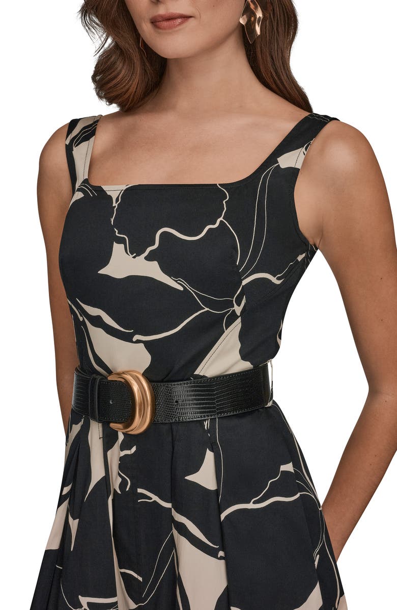 Donna Karan New York Belted Fit & Flare Midi Dress, Alternate, color, Black/ Parchment