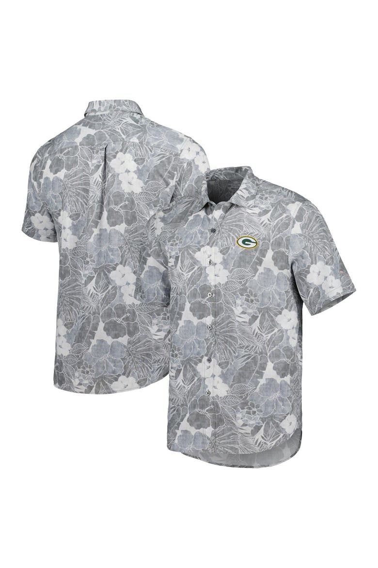 Men's Tommy Bahama Gray Green Bay Packers Coconut Point Playa Floral Camp IslandZone Button-Up Shirt, Alternate, color, Gray