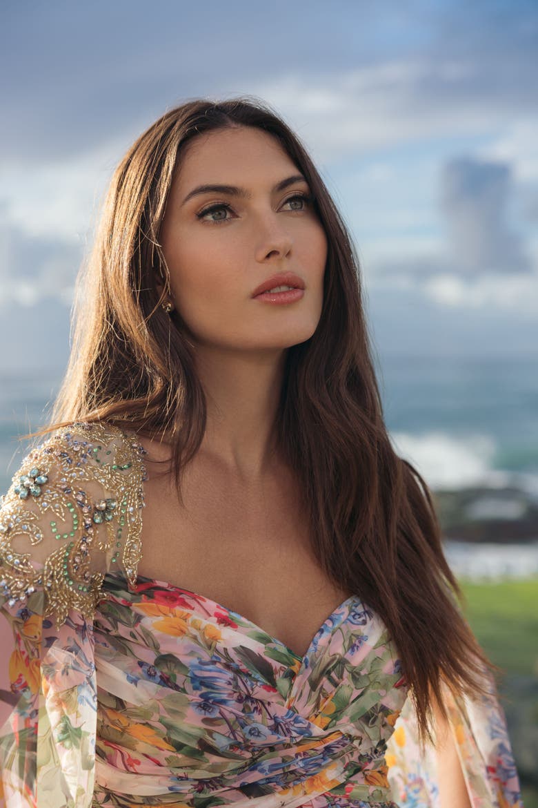 Printed Chiffon Gown With Beaded Cape Sleeves, Alternate, color, Pastel Multi