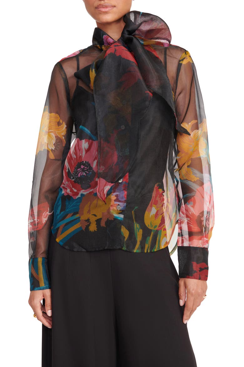 Maryn Floral Print Tie Neck Organza Shirt, Main, color, FIRST BLOOM