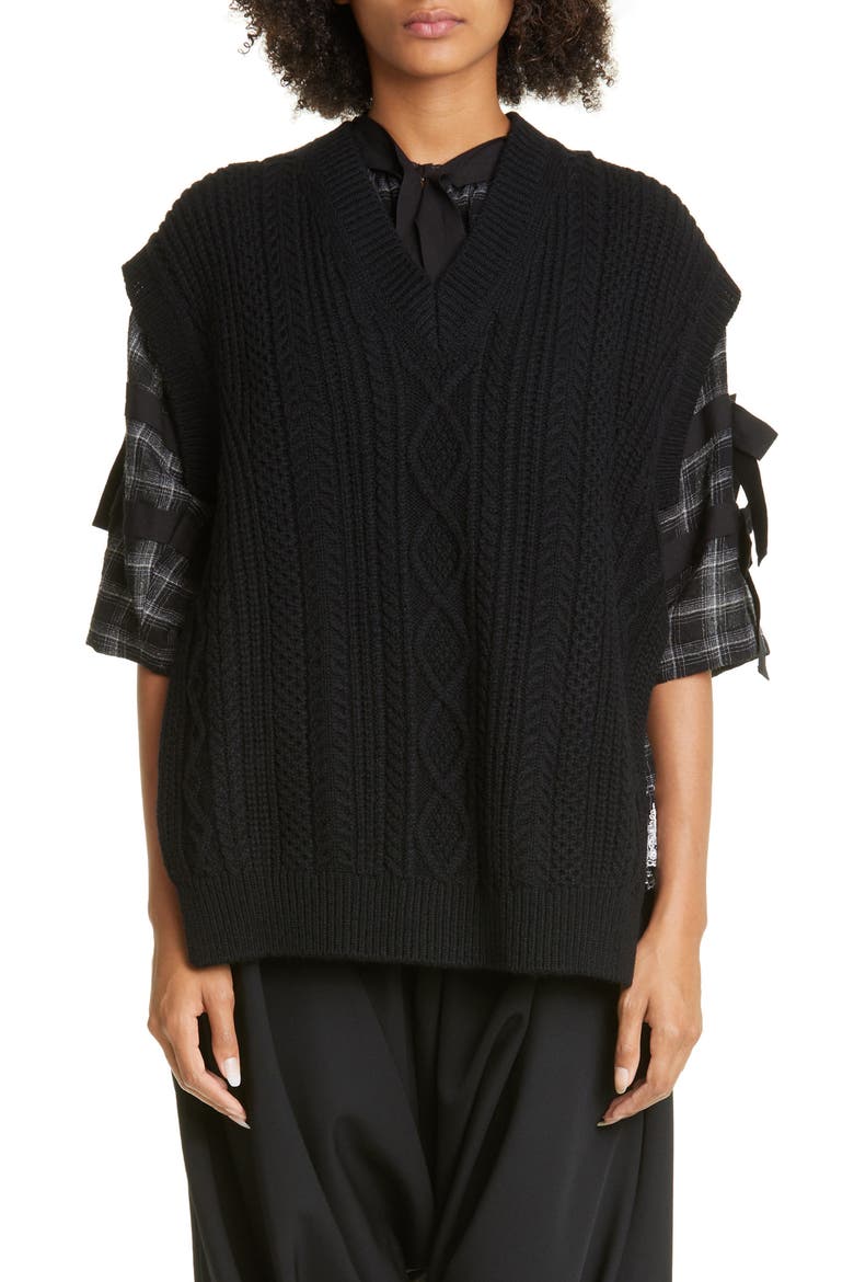 Women's Aran Side Ties Shetland Wool Sweater Vest, Main, color, BLACK