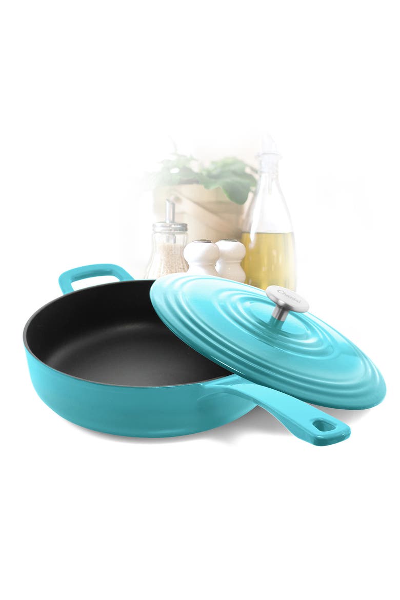 5 qt. Round Cast-Iron Saute Skillet w/ Lid, Alternate, color, Sea Blue