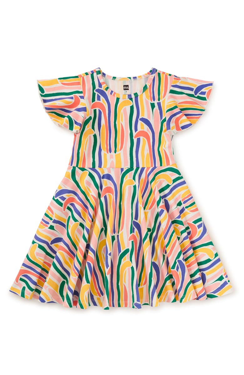 Tea Collection Flutter Sleeve Twirl Dress, Main, color, Rainbow Pineapple Stripe