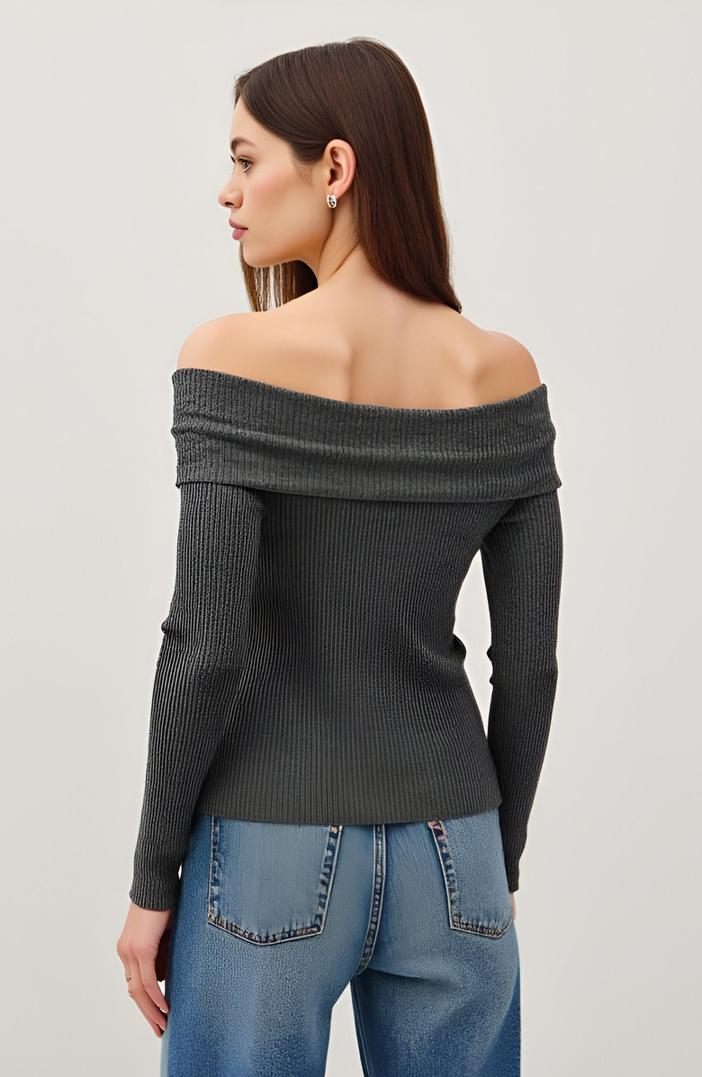 Modenaire Ribbed Button-Up Long Sleeve Top with Roll Shoulder Detail, Alternate, color, 