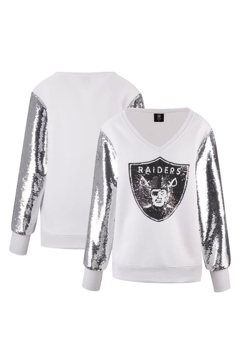 Women's Cuce White Las Vegas Raiders Sequin Sleeve V-Neck Pullover Sweatshirt, Main, color, White