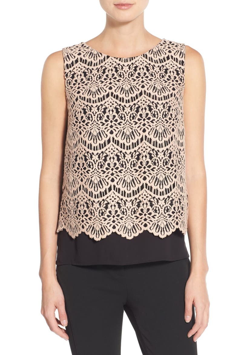 Lace Overlay Shell, Main, color, PINK- BLACK LACE