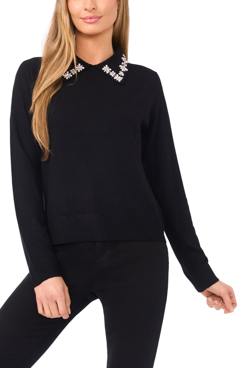 CeCe Embellished Collar Rib Sweater, Main, color, Rich Black