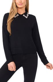 CeCe Embellished Collar Rib Sweater