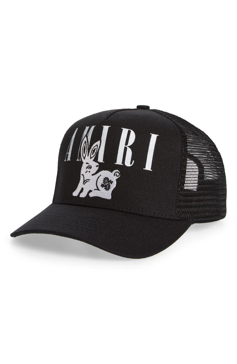 AMIRI Bandana Rabbit Logo Trucker Hat, Main, color, 
