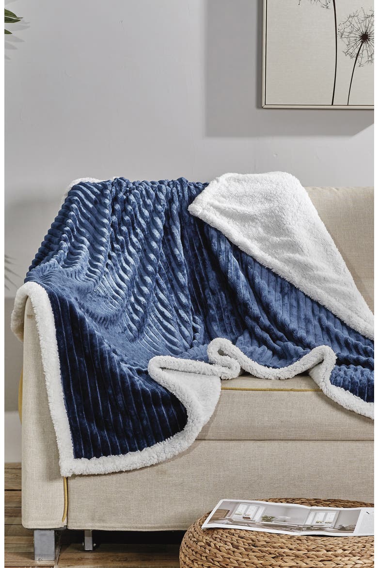 Corduroy Reversible Faux Shearling Throw Blanket, Main, color, NAVY