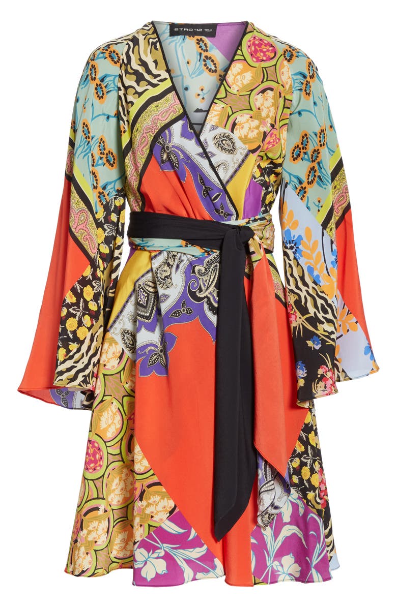 Etro Collage Print Silk Wrap Dress, Alternate, color, 