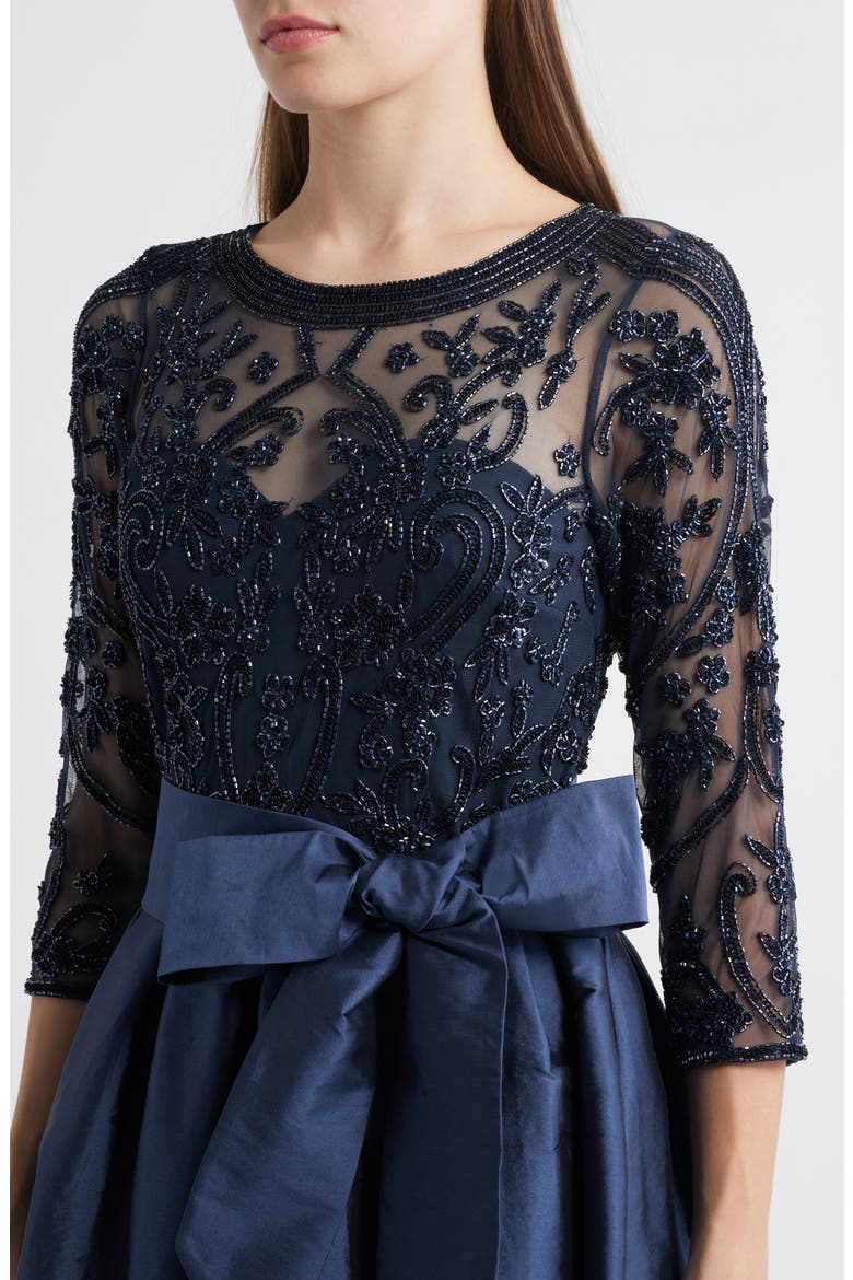 Beaded Illusion Neck Taffeta Cocktail Dress, Alternate, color, DENIM